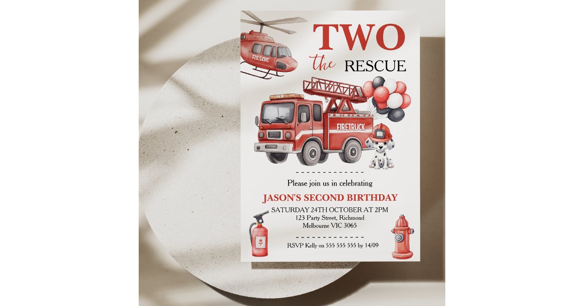 Fire Rescue Invitations Boys Red Two The Rescue Fire Truck Birthday Invitation | Zazzle