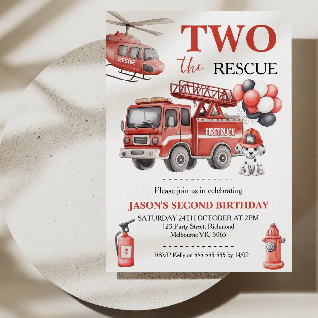 Fire Rescue Invitations Boys Red Two The Rescue Fire Truck Birthday Invitation | Zazzle