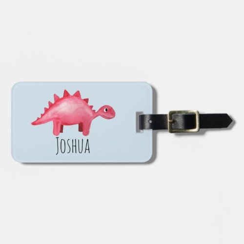 Boys Red Watercolor Dinosaur and Name Kids Luggage Tag