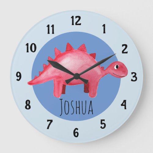 Boys Red Watercolor Dinosaur and Name Kids Nursery Large Clock