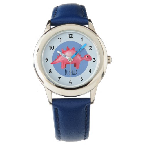 Boys Red Watercolor Dinosaur and Name Kids Watch