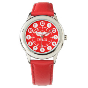 Boys red white name wrist watch