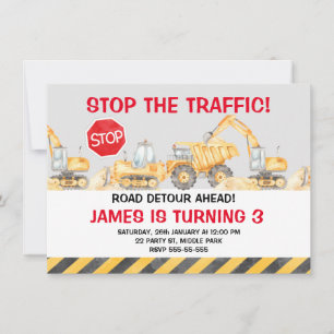 Boys Road Construction Stop The traffic Birthday Invitation