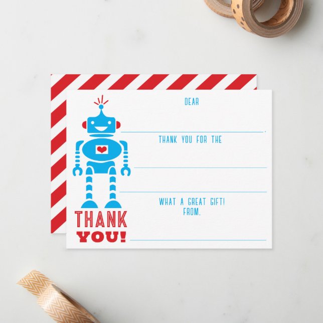 Boys Robot Fill In The Blank Thank You Note Card (Front/Back In Situ)