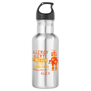 Boys Robot Tree Nut Allergy Alert Personalized Stainless Steel Water Bottle
