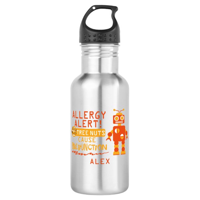 Boys Robot Tree Nut Allergy Alert Personalized Stainless Steel Water Bottle (Front)