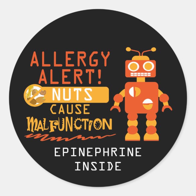 Boys Robot Tree Nut Peanut Allergy Alert Classic Round Sticker (Front)