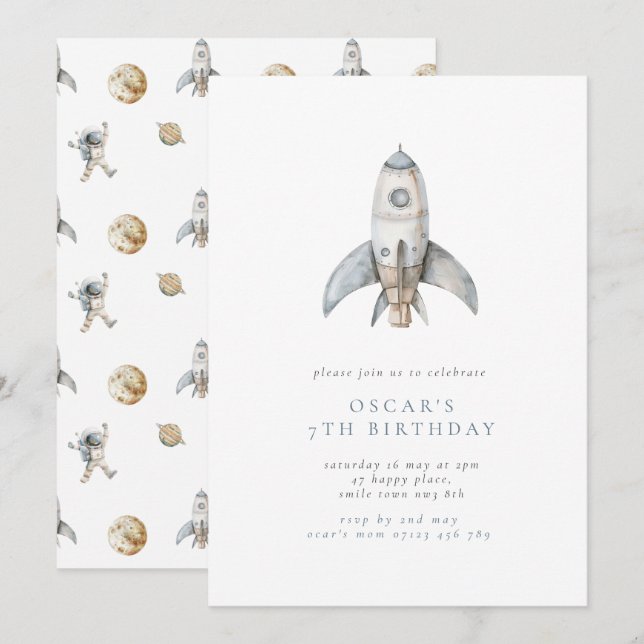  Boy's Rocket Minimalist Space Birthday Party Invitation (Front/Back)