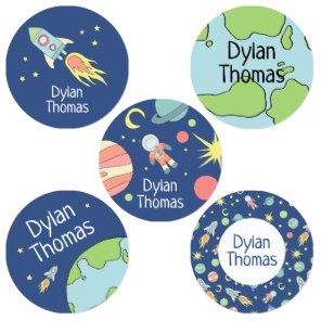 Boys Rocket Ship Space Galaxy Pattern and Name Kids' Labels
