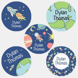 Boys Rocket Ship Space Galaxy Pattern and Name Kids' Labels