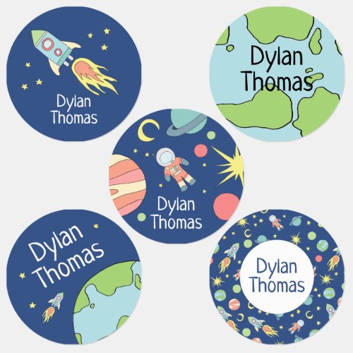 Boys Rocket Ship Space Galaxy Pattern and Name Kids Labels