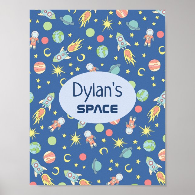 Boys Rocket Ship Space Pattern and Name Kids Poster (Front)