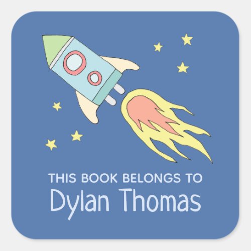 Boys Rocket Ship This Book Belongs and Name Square Sticker