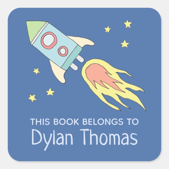 Boys Rocket Ship 'This Book Belongs' and Name Square Sticker (Front)