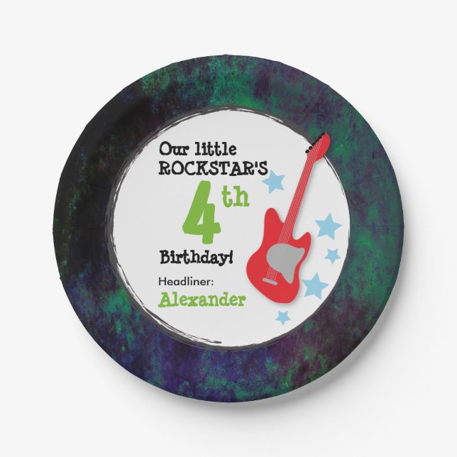 Boy's Rockstar Birthday with Red Guitar Paper Plates (Front)