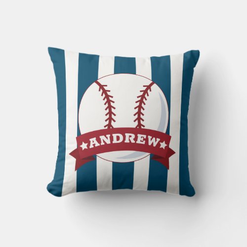 Boys Room Baseball Red and Blue Custom Name Throw Pillow