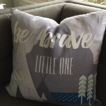 Boy's Room Be Brave Little One Throw Pillow<br><div class="desc">Personalized Boy's Room Be Brave Little One.  Tepees,  Arrows and Pine Trees with mountains and a river.  Too much adventure for this wild child.  A starry pattern makes the perfect background for this little brave to inspire your new little boy or girl in to make everyday an adventure.</div>