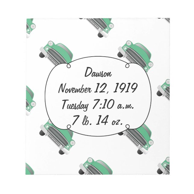 Boys Room Classic Car Gifts Sweet Green Retro Car Notepad (Front)