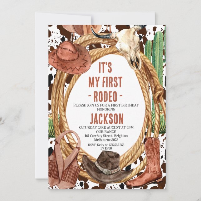 Boys Rope My First Rodeo Cowboy 1st Birthday Invitation (Front)