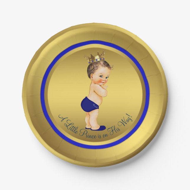 Boys Royal Blue Gold Prince Baby Shower Paper Plates (Front)