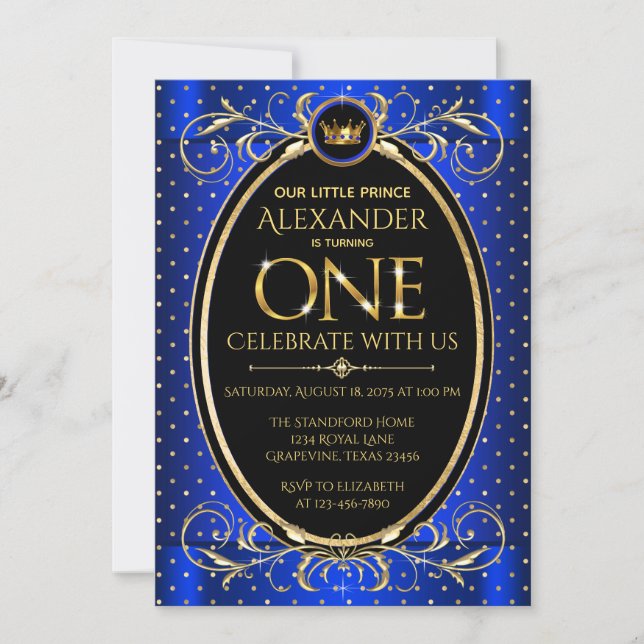 Boys Royal Blue Gold Prince First Birthday Party Invitation (Front)