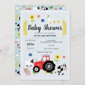 Boys Rustic Blue Farm Tractor Baby Shower Invitation (Front/Back)