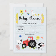 Boys Rustic Blue Farm Tractor Baby Shower Invitation