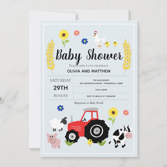 Boys Rustic Blue Farm Tractor Baby Shower Invitation (Front)