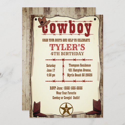 Boys Rustic Brown Red Cowboy Birthday  Invitation