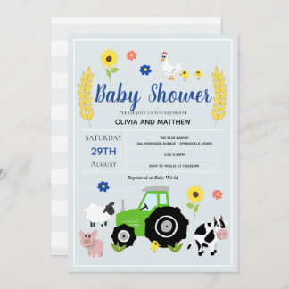 Boys Rustic Country Farm Green Tractor Baby Shower Invitation