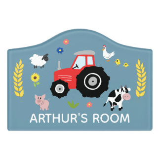 Boys Rustic Cute Farm Animals & Tractor Name Kids Door Sign