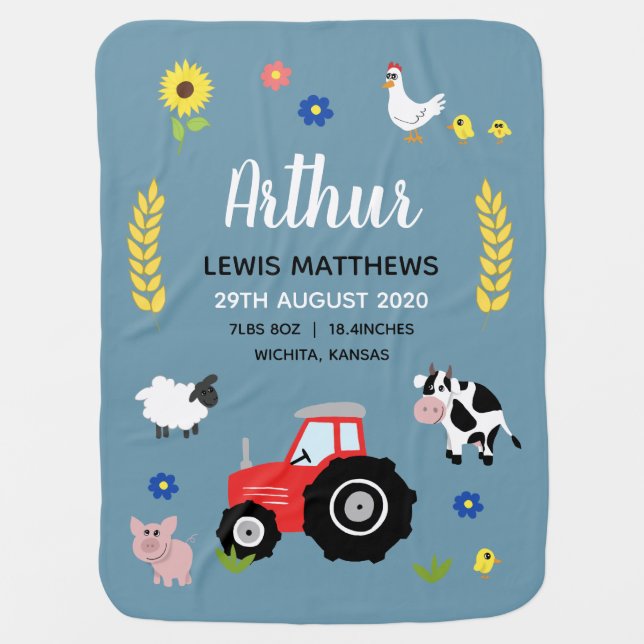 Boys Rustic Cute Farm Tractor & Name Birth Stats Baby Blanket (Front)