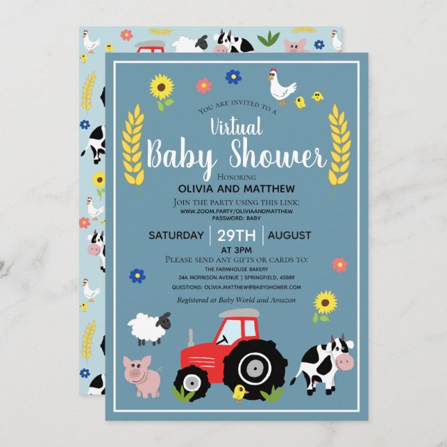 Boys Rustic Farm Tractor Virtual Baby Shower Invitation (Front/Back)