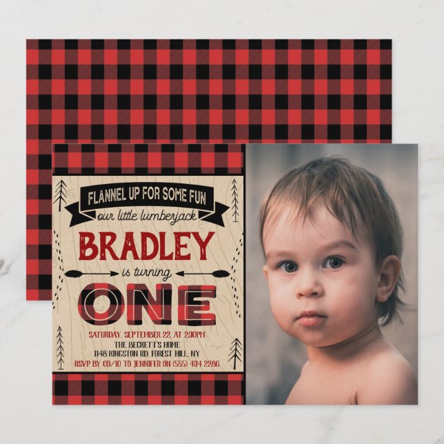 Boys Rustic Plaid Lumberjack 1st Birthday Photo Invitation (Front/Back)