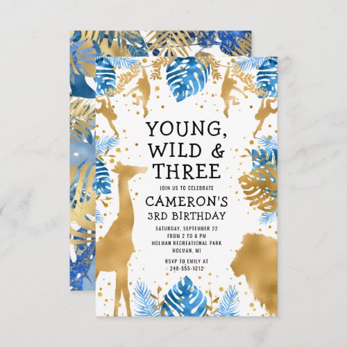 Boys Safari 3rd Birthday Blue Gold Invitation