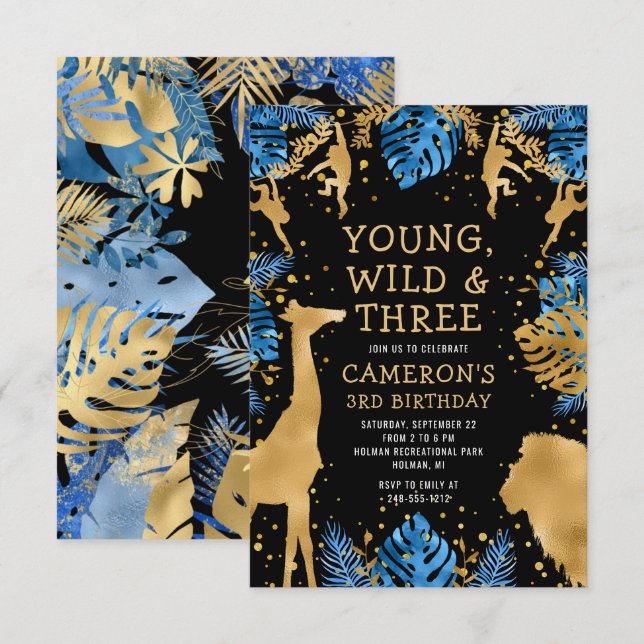 Boys Safari 3rd Birthday Party Blue Gold Black Invitation (Front/Back)
