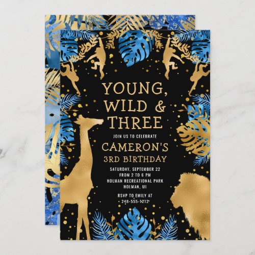 Boys Safari 3rd Birthday Party Blue Gold Black Invitation