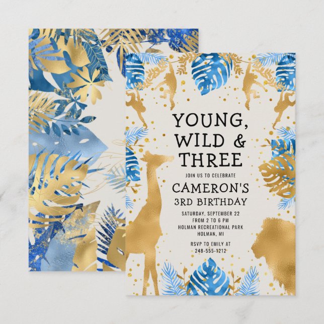 Boys Safari 3rd Birthday Party Blue Gold Ecru Invitation (Front/Back)