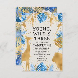 Boys Safari 3rd Birthday Party Blue Gold Ecru Invitation