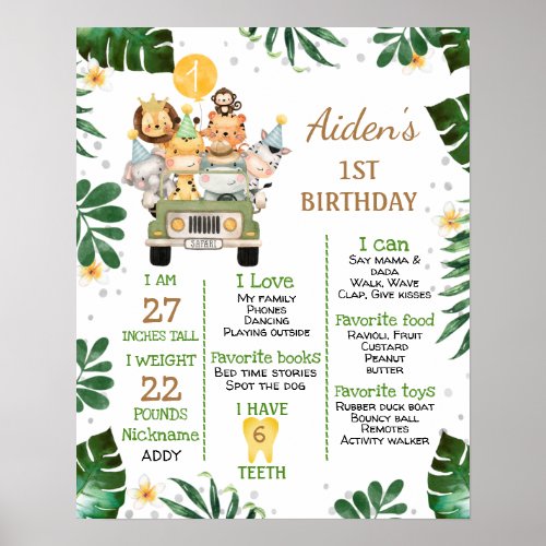 Boys Safari Animals 1st Birthday Milestone Poster