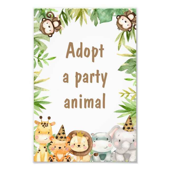 Boys Safari Animals Adopt A Party Animal Sign (Front)