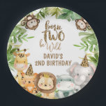 Boys Safari Animals Two Wild Birthday Paper Plate<br><div class="desc">Boys Safari Animals Two Wild Birthday Invitation

Cute safari themed two wild second birthday paper plate featuring seven watercolor jungle animals,  leopard or cheetah print pattern text and some foliage. Ideal for a two wild themed second birthday party for a boy.</div>