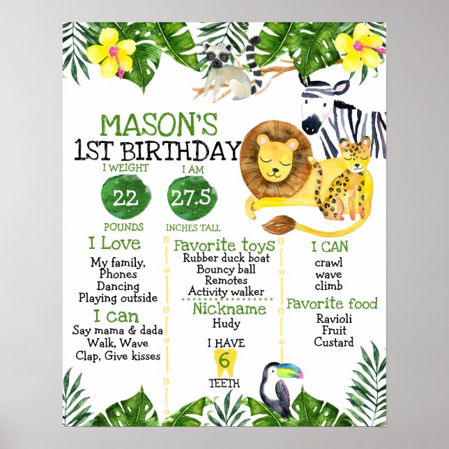 Boys Safari First Birthday Milestone Poster (Front)