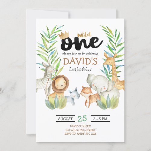 Boys Safari Wild One Jungle Birthday Invitation