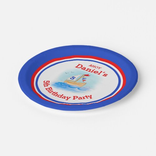 Boys sail boat 5th birthday customized plate