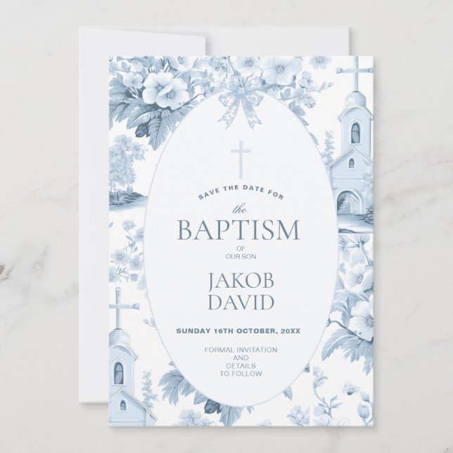 Boys Save the Date, Blue Toile Floral Baptism Invitation (Front)