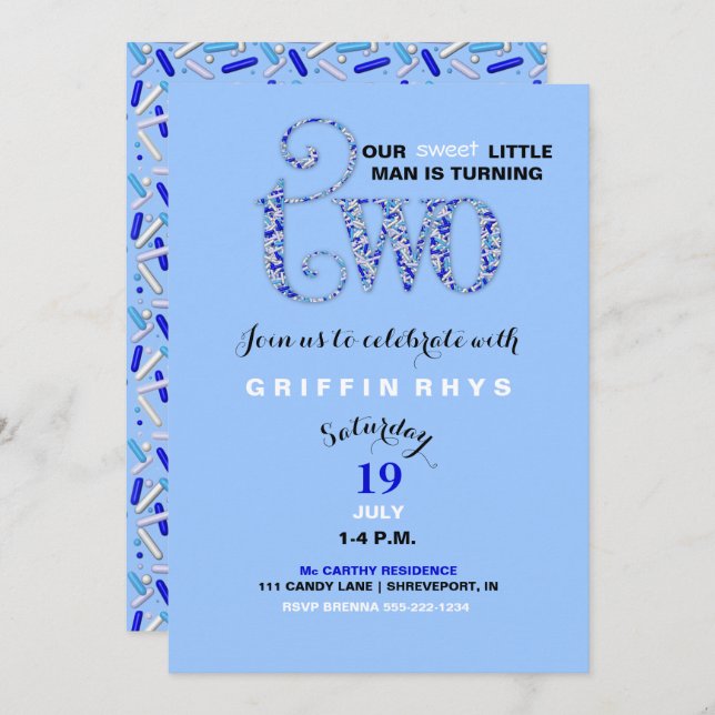 Boy's Second Birthday Blue & White Sprinkles Invitation (Front/Back)