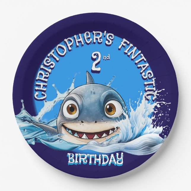 Boys shark party theme Fintastic age Paper Plates (Front)