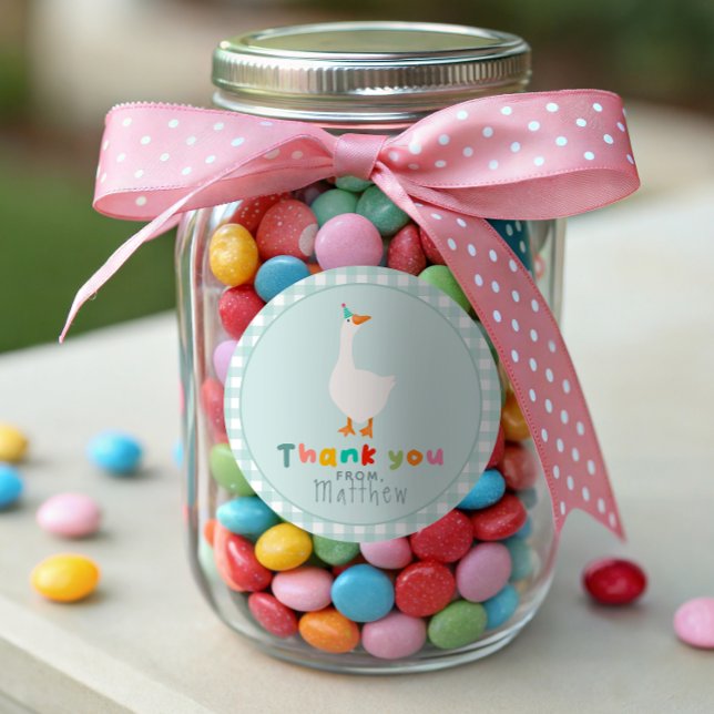 Boys Silly Goose First Birthday Gingham Favor Classic Round Sticker (Creator Uploaded)