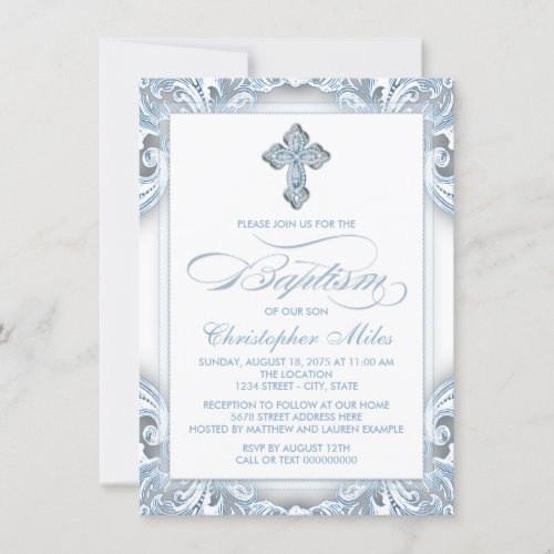 Boys Silver Blue Baptism Invitation